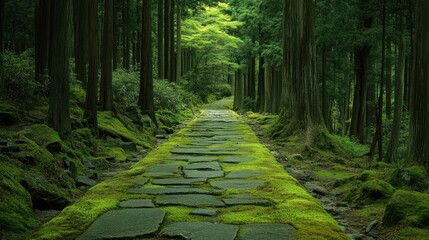 Stone path through a moss-covered forest