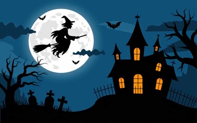 Spooky halloween night with a witch flying over a haunted house and graveyard