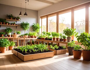 Sunlit indoor herb garden