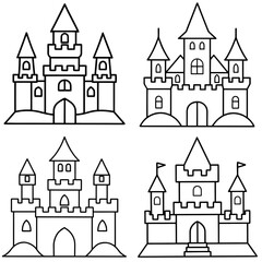 Obraz premium Old Castle Coloring Page – Medieval Fortress Line Art Illustration for Kids and Adults