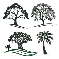Fototapeta premium Four Dark Green Tree Silhouettes on White Background