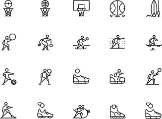 Active Line Icons Set Featuring Basketball, Sports, Footwear on Transparent Background
