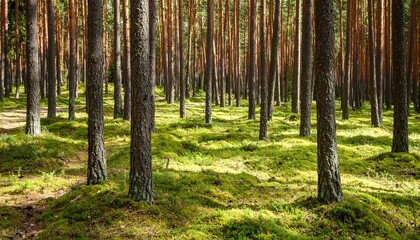 Serene Forest Landscape with Tall Trees and Lush Green Moss Covering the Ground in Natural Light