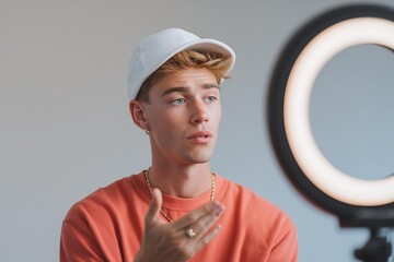 Young social media influencer in modern studio with contemporary backdrop, addressing controversy with defensive posture under mixed natural and ring light.