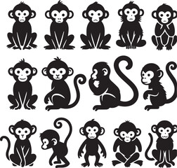 Black and White Monkey Silhouette Vector Set – Sitting, Walking, and Playing Poses