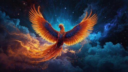 Fiery phoenix soars through nebula sky