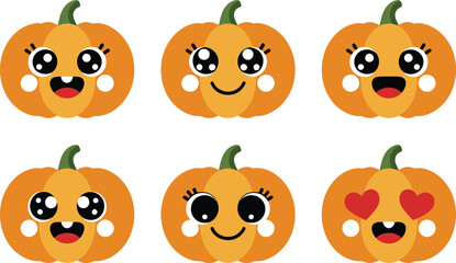 Fototapeta premium Six Cartoon Pumpkins with Various Facial Expressions