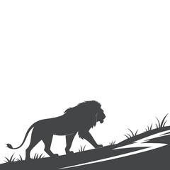 Running Lion Silhouette on Grassy Hill in Wilderness Scene
