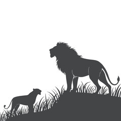 Lion and Lioness Silhouette Standing on Hill in Grassland Scene
