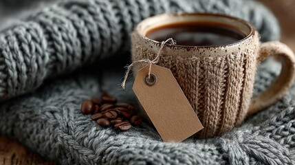 Top View of Coffee Cup on Knit Sweater with Blank Tag