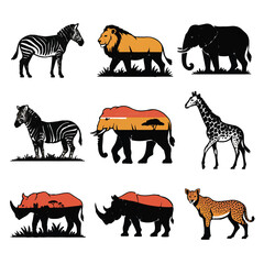 Naklejka premium Vector art of a set of african animal silhouettes including a zebra, lion, elephant, giraffe, rhino, and leopard