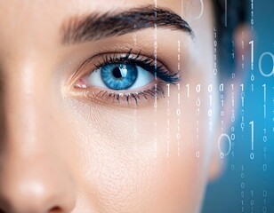 Close-up of a woman's eye with binary code overlay