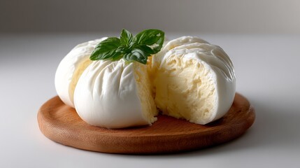 Piece of cheese with a green leaf on top. The cheese is cut in half and is sitting on a wooden board