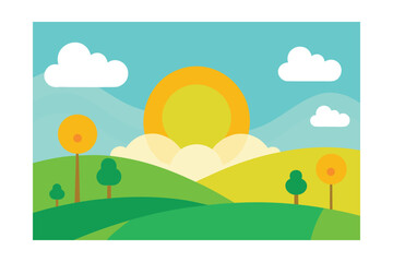Obraz premium Cartoon Illustration Sunny Landscape Rolling Mountains
