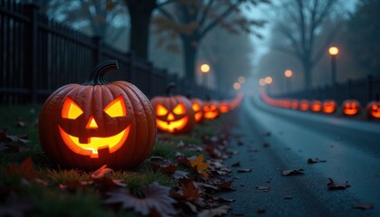 Spooky carved Halloween pumpkins lined along a foggy pathway at night  