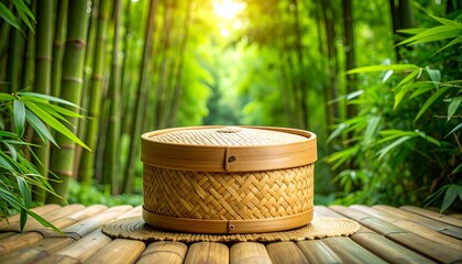 Bamboo basket in a lush bamboo forest