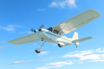 Obraz premium Light aircraft flying in blue sky with clouds, small plane in flight, aviation and transportation