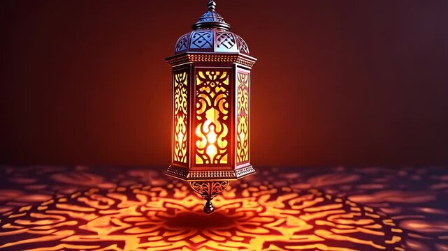 A decorative 3D icon of hanging lantern projecting Islamic geometric patterns onto surrounding surfaces in cartoon style. Eid al-Adha, Kurban Bayram, Islamic holiday, family celebration, Muslim feast.