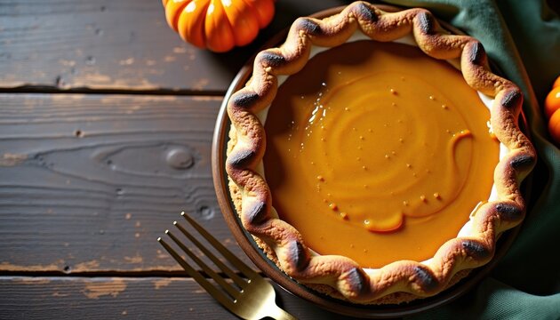 Pumpkin pie on wooden table with mini pumpkins and green cloth  