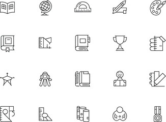 Fototapeta premium Education Line Icons Set, School Elements on Transparent Background, Art Supplies, Books