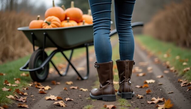 Woman standing beside wheelbarrow filled with pumpkins on path
