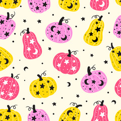 seamless pattern halloween pumpkin doodle vector illustration, cute cartoon
