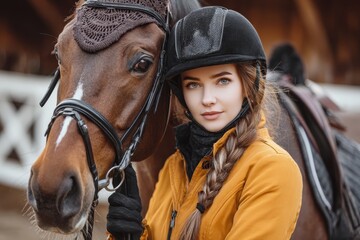 A young attractive female rider stands next to a thoroughbred stallion at a ranch Equestrianism racing