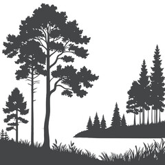 Obraz premium Forest Lake Landscape with Pine Tree Silhouettes in Monochrome 