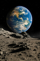 Earthrise emerging from lunar horizon, illuminating stark extraterrestrial terrain with celestial brilliance