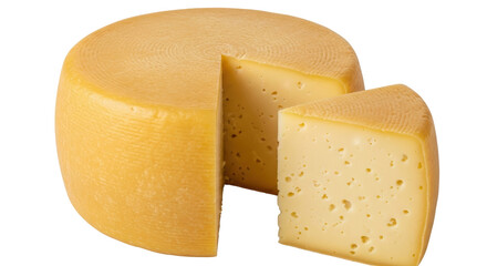Isolated Cheese Wheel with Cut Piece