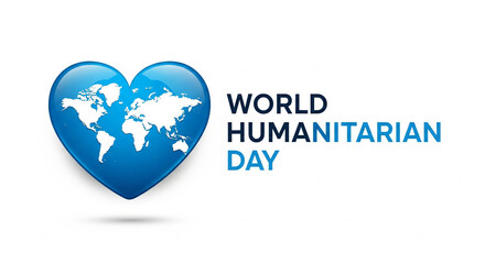 A minimalist and impactful logo for World Humanitarian Day, featuring a large blue heart containing a white world map, symbolizing global compassion and care