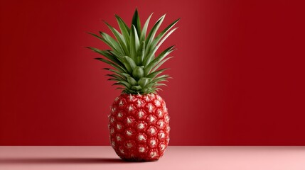 Red pineapple sits on a table. The red color of the pineapple contrasts with the red background, creating a visually striking image. The pineapple appears to be fresh and ripe, ready to be enjoyed