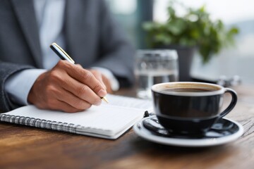 A businessman writing in a notebook while sipping coffee at a cafe