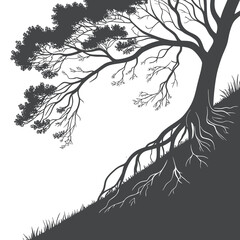 Leaning Tree with Exposed Roots on Steep Slope Silhouette Illustration
