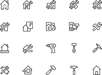 Home Repair Tools Line Art Icons Set with Wrench, Hammer and Drill on Transparent Background