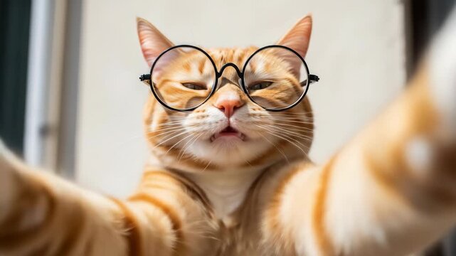 Funny Ginger Cat Wearing Glasses Takes Selfie, Close-Up View