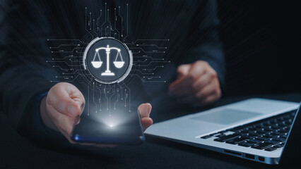 Futuristic digital law interface displaying justice scale, highlighting digital law, AI compliance,...