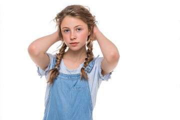 Fototapeta premium A delightful young girl in a denim dress against a white backdrop