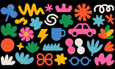 Colorful assorted shapes on a black background art