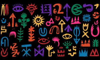 Various colorful tribal signs on a black background