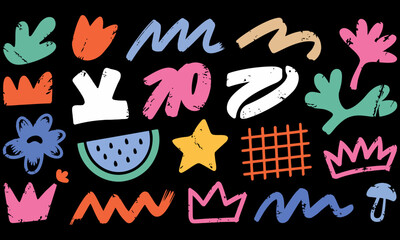 Various colorful abstract shapes on a black background