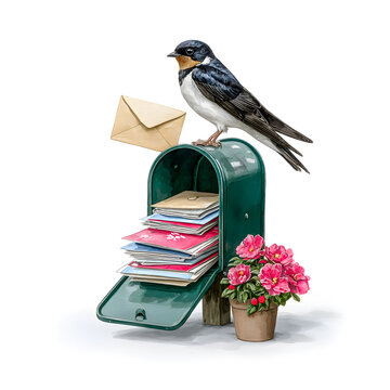 Swallow perched on mailbox filled with letters and a potted flower