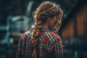 A girl in a plaid shirt and jeans with a long braid