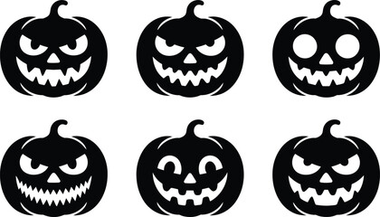 Obraz premium Black Halloween Pumpkin Faces Set on White Background