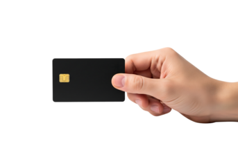 Hand holding a blank black credit card for payment or mockup. Isolated on transparent background, png