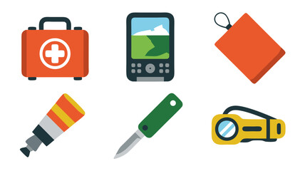 Icon Vector SVG Set of Emergency Medical and Outdoor Equipment with Flat Design and Bright Colors