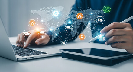 Person using laptop and tablet for global network connection