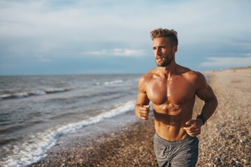 A handsome man with a fit physique running along the beach