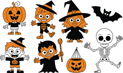 Halloween Characters and Objects in Orange Black and White