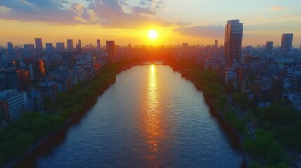 Fototapeta premium City Sunset River Reflection